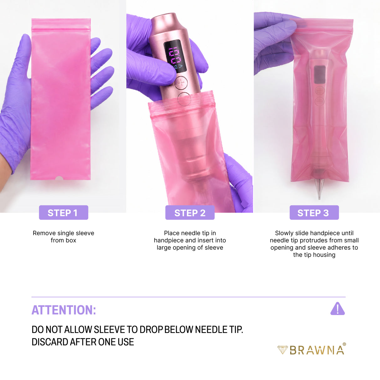 BRAWNA Sealable PMU Machine Pen Covers 220PCS – Disposable Sleeves for PMU, Tattoo & Derma Pen Devices – Hygienic Covers for Microneedling, Microblading & PMU Machines – Pink 65x200MM(2.5" x 8.6")