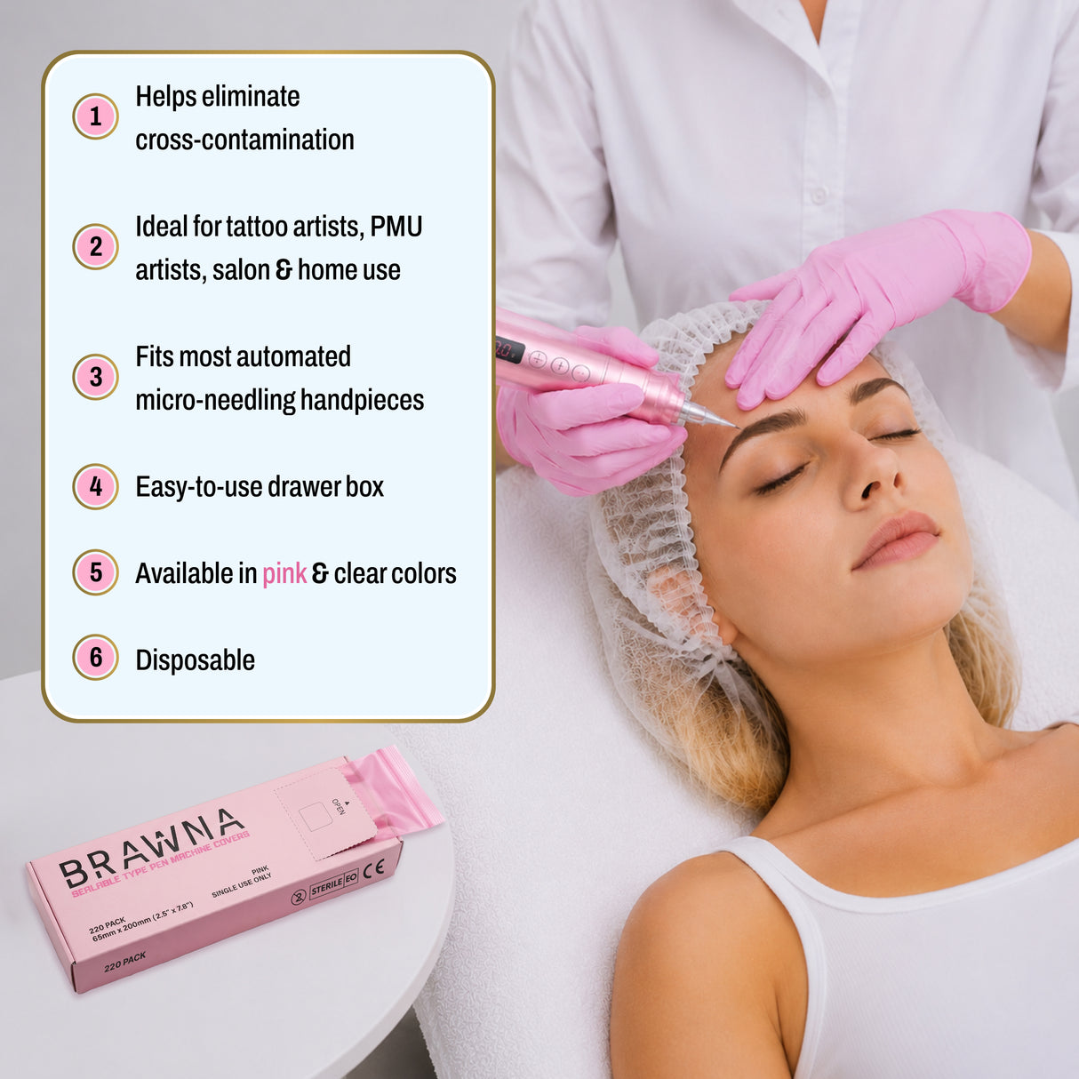 BRAWNA Sealable PMU Machine Pen Covers 220PCS – Disposable Sleeves for PMU, Tattoo & Derma Pen Devices – Hygienic Covers for Microneedling, Microblading & PMU Machines – Pink 65x200MM(2.5" x 8.6")