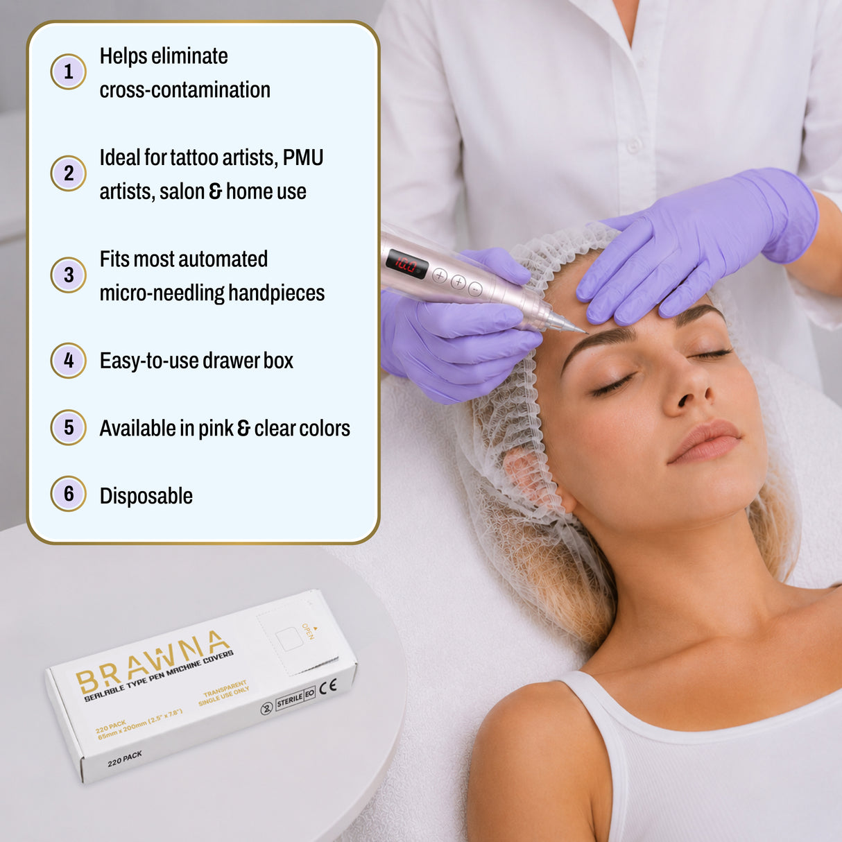 BRAWNA Sealable PMU Machine Pen Covers 220PCS – Disposable Sleeves for PMU, Tattoo & Derma Pen Devices – Hygienic Covers for Microneedling, Microblading & PMU Machines – Clear 65x200MM (2.5"x8.6")