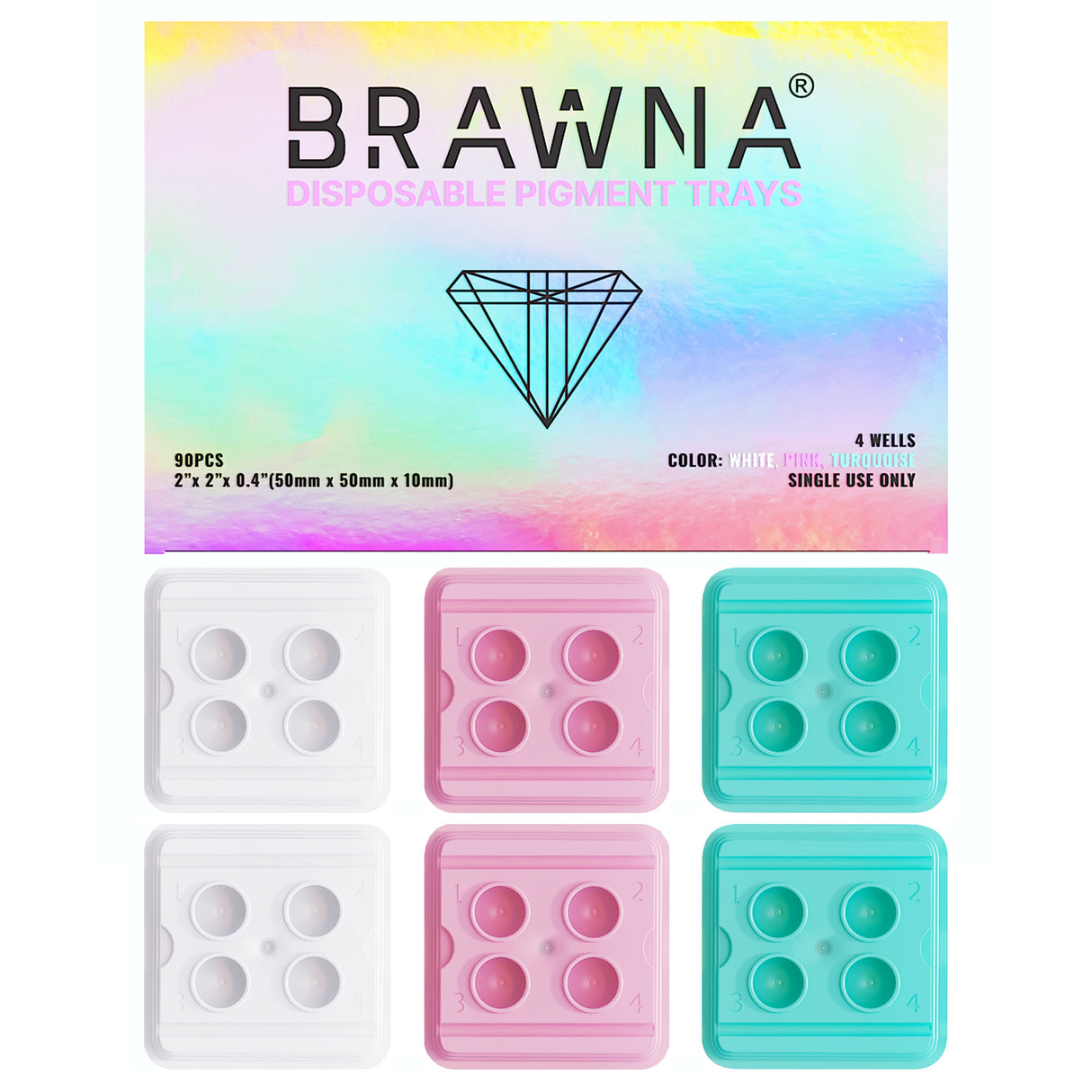 90 Pck Disposable PMU and Microblading Ink Trays - Pink - White - Turquoise