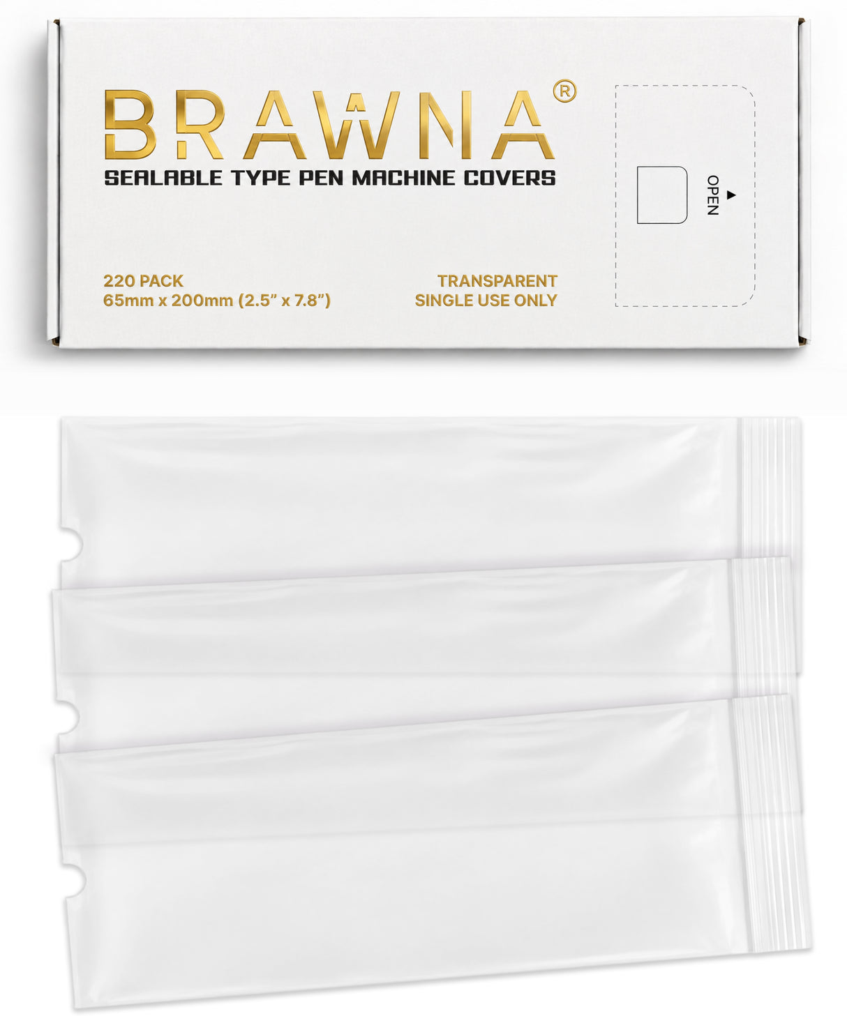 BRAWNA Sealable PMU Machine Pen Covers 220PCS – Disposable Sleeves for PMU, Tattoo & Derma Pen Devices – Hygienic Covers for Microneedling, Microblading & PMU Machines – Clear 65x200MM (2.5"x8.6")