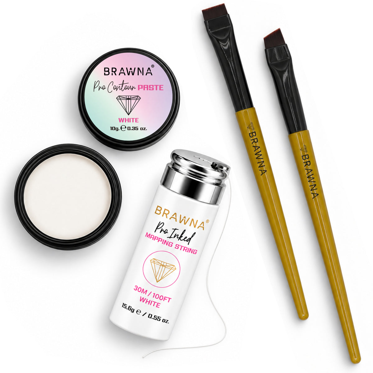 BRAWNA Eyebrow Mapping Kit – White Mapping Paste, Pre-Inked White String & 2 Angled Brushes for Brow Shaping & PMU
