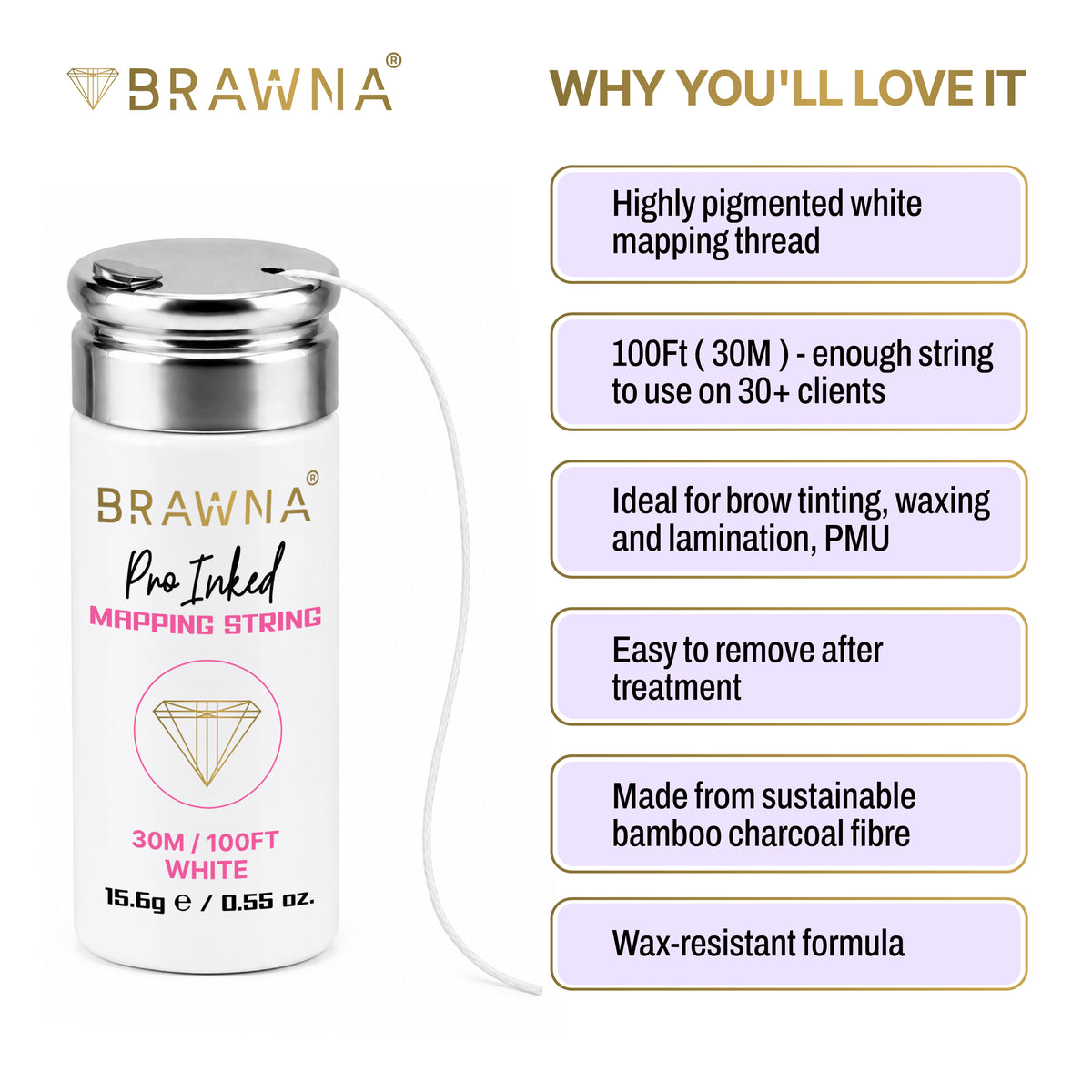 Brawna Pro Inked Mapping String in white, 30m length