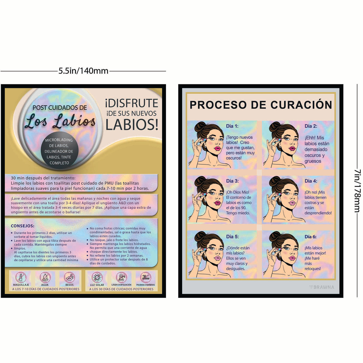 50 Pack Spanish Lip Blush Aftercare Instruction Cards 5.5x4.5 in