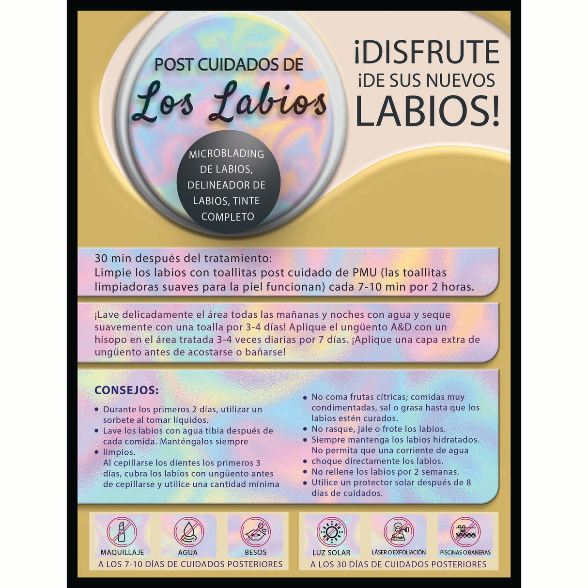 50 Pack Spanish Lip Blush Aftercare Instruction Cards 5.5x4.5 in