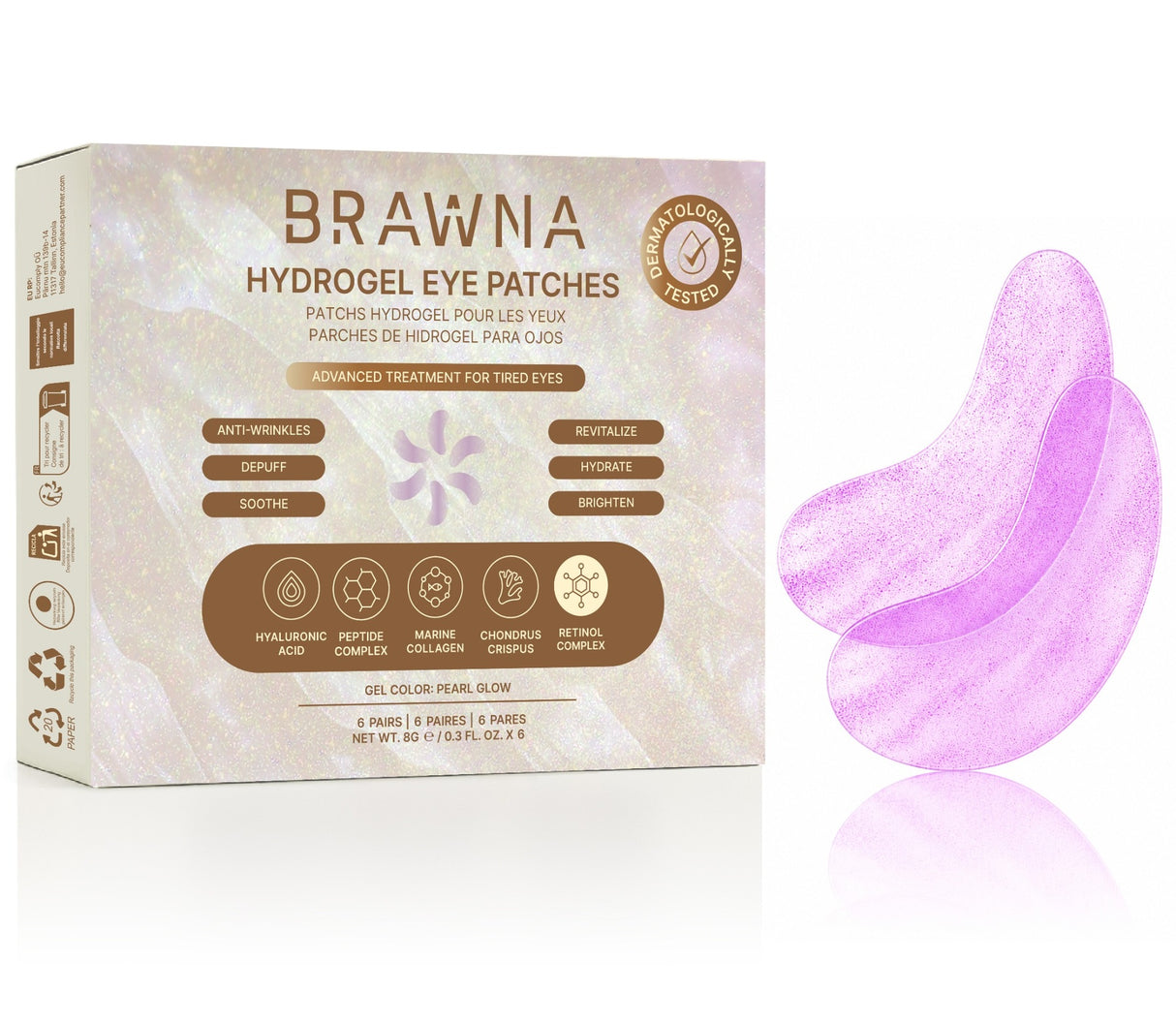BRAWNA Under Eye Patches for Puffy Eyes and Wrinkles – Hydrogel Eye Masks with Retinol, Collagen & Hyaluronic Acid – Pearl Glow Under Eye Patches for Eye Bags, Dark Circles & Fine Lines – 6 Pairs