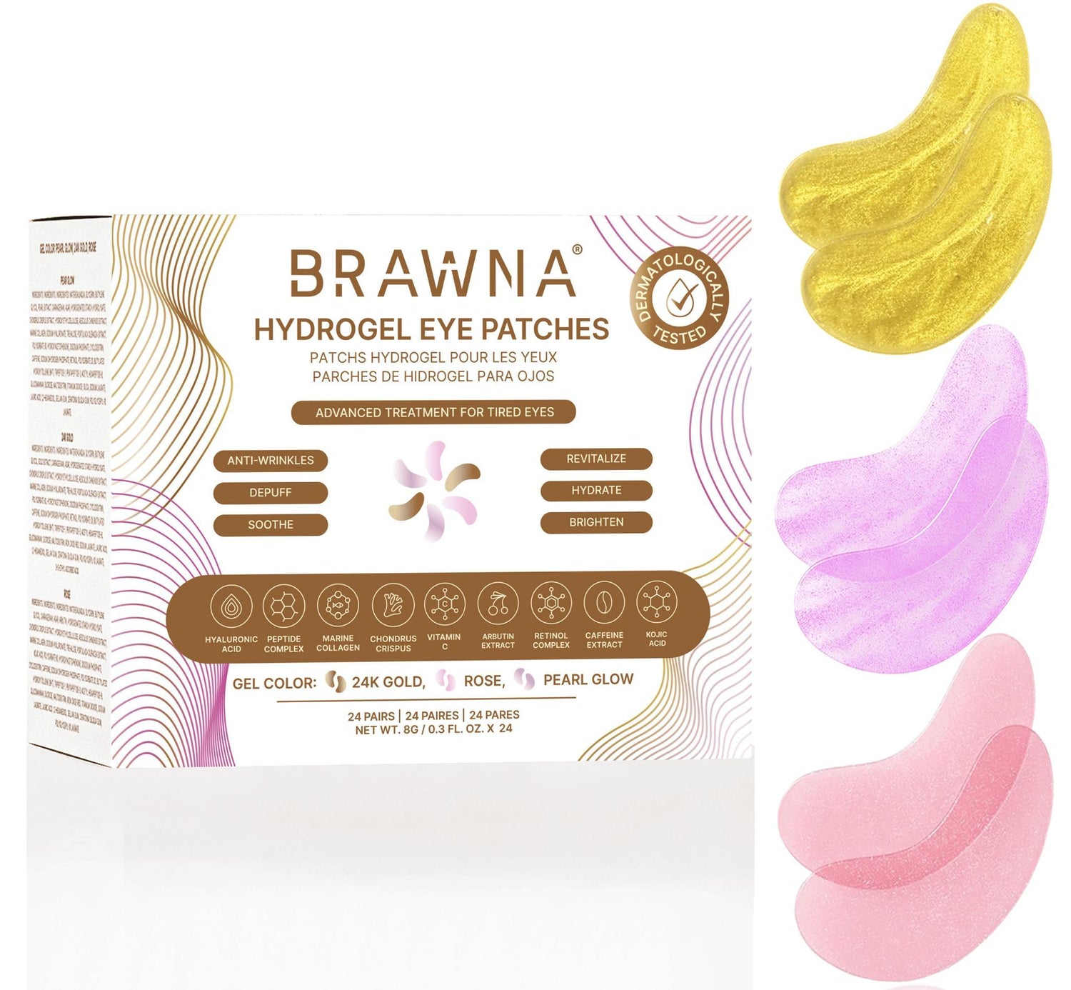 BRAWNA Caffeine, Kojic Acid, Arbutin, Peptides, Vitamin C,Retinol, hyaluronic acid, collagen hydrogel patch-24 packs