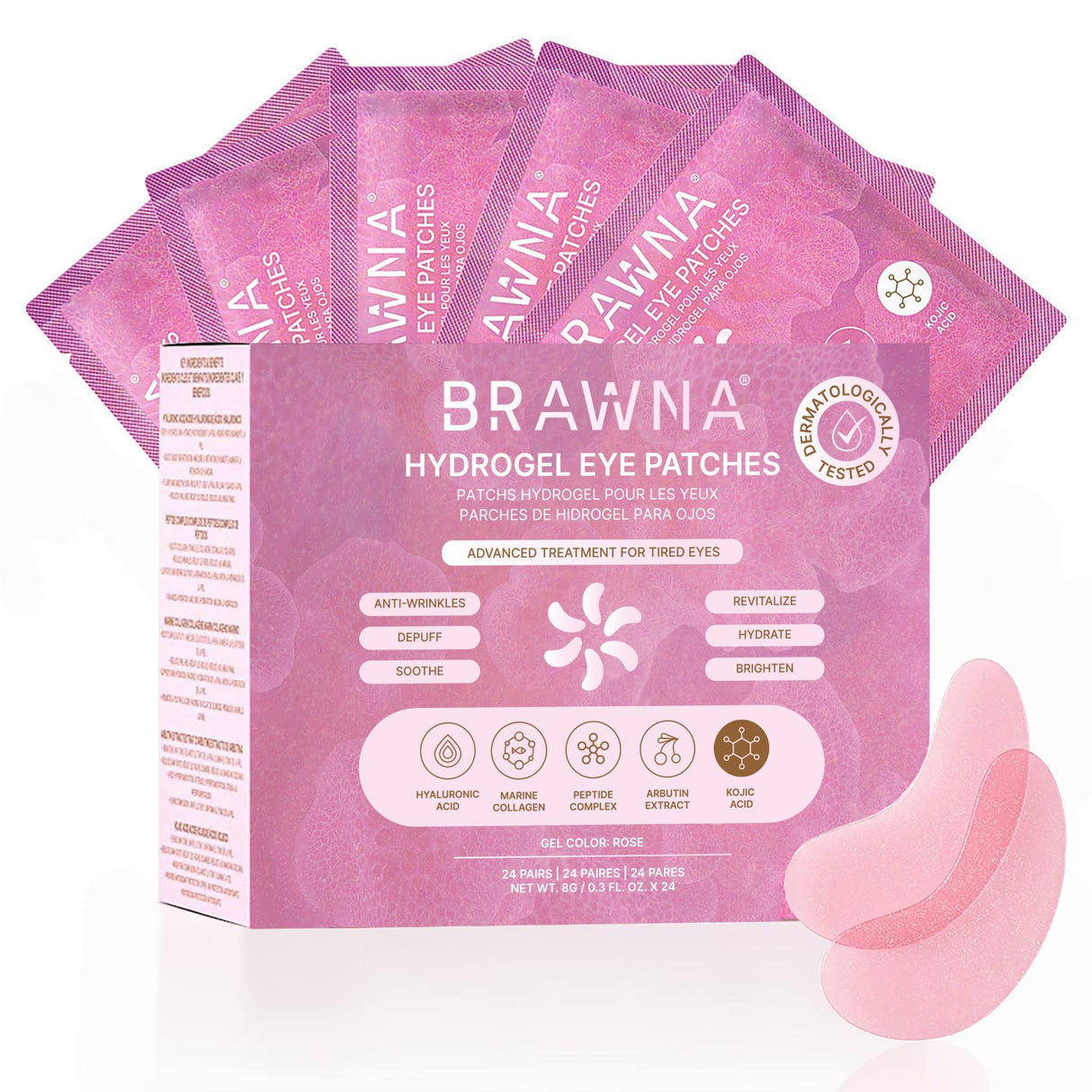 BRAWNA hydrogel eye patches with hyaluronic acid, collagen, arbutin, kojic acid, caffeine