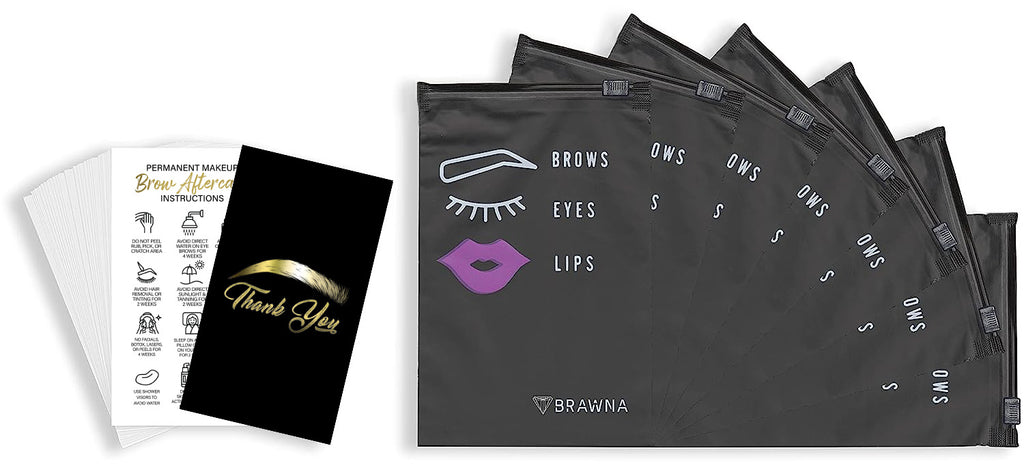 Brawna - 50 PMU After Care Instruction Cards with 50 Pck Black Brows Eyes Bags - english