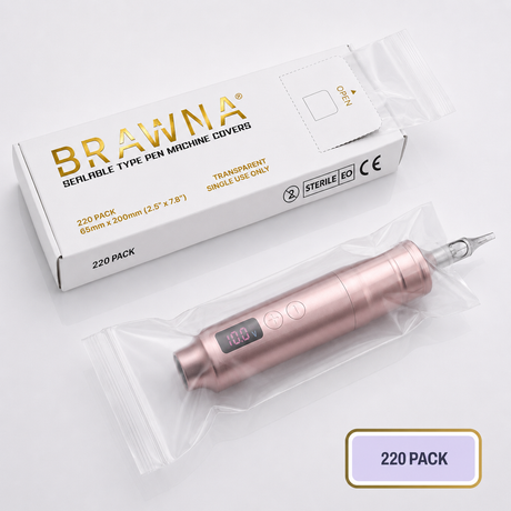 BRAWNA Sealable PMU Machine Pen Covers 220PCS – Disposable Sleeves for PMU, Tattoo & Derma Pen Devices – Hygienic Covers for Microneedling, Microblading & PMU Machines – Clear 65x200MM (2.5"x8.6")