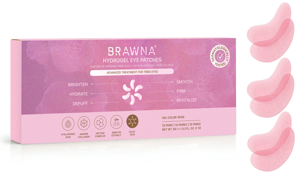 BRAWNA Under Eye Patches for Dark Circles and Puffiness – Hydrogel Eye Masks with Collagen, Peptides & Kojic Acid – Rose Under Eye Patches for Fine Lines, Eye Bags & Brightening – 12 Pairs