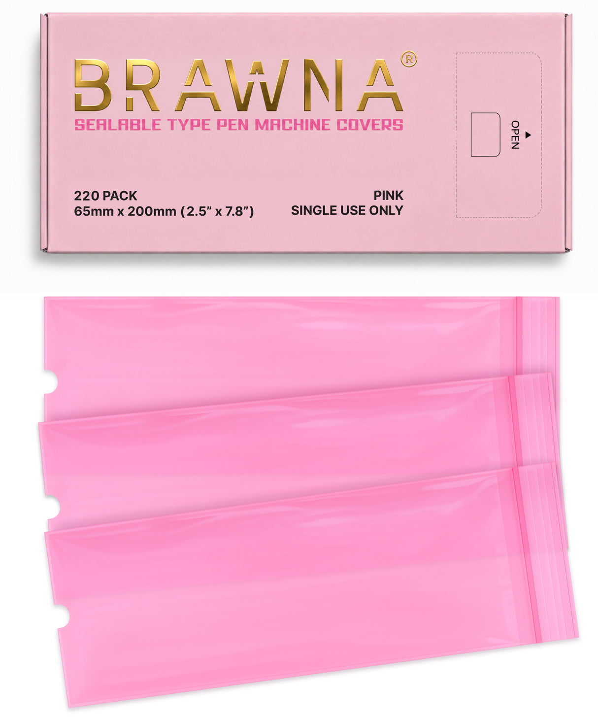 BRAWNA Sealable PMU Machine Pen Covers 220PCS – Disposable Sleeves for PMU, Tattoo & Derma Pen Devices – Hygienic Covers for Microneedling, Microblading & PMU Machines – Pink 65x200MM(2.5" x 8.6")