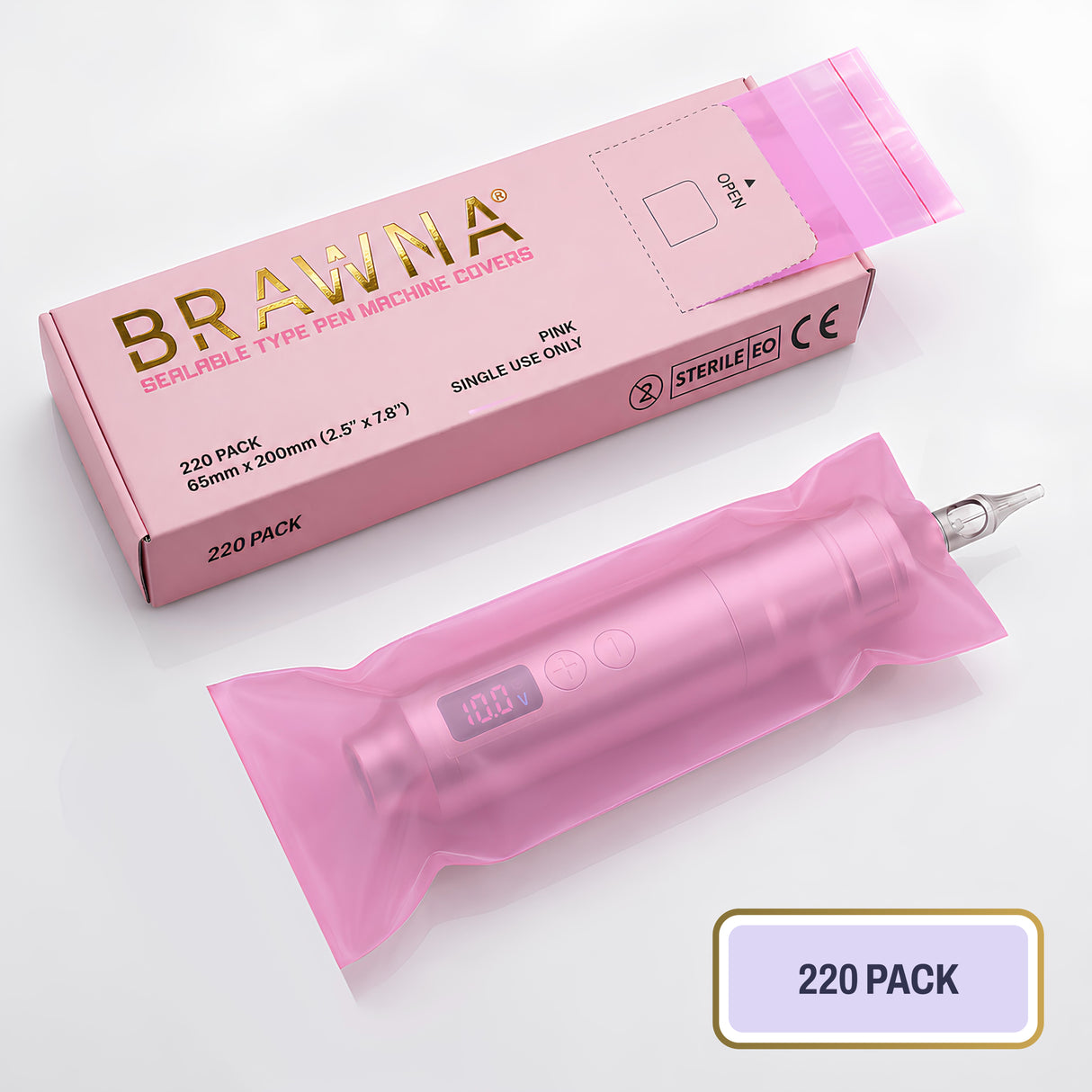 BRAWNA Sealable PMU Machine Pen Covers 220PCS – Disposable Sleeves for PMU, Tattoo & Derma Pen Devices – Hygienic Covers for Microneedling, Microblading & PMU Machines – Pink 65x200MM(2.5" x 8.6")