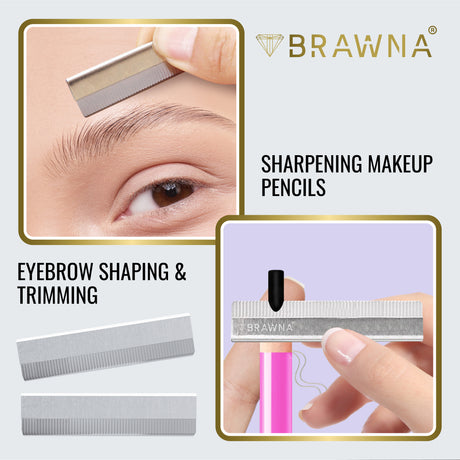 BRAWNA 6 PCS Inkless Double-Sided Practice Skin with PMU Mapping Pencil, Razor Blade Sharpener and Brow Ruler Sticker