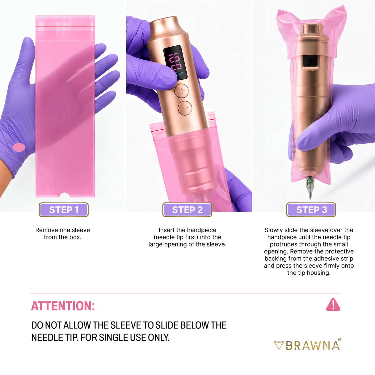 BRAWNA Sealable PMU Machine Pen Covers 220PCS – Disposable Sleeves for PMU, Tattoo & Derma Pen Devices – Hygienic Covers for Microneedling, Microblading & PMU Machines – Pink 65x200MM(2.5" x 8.6")