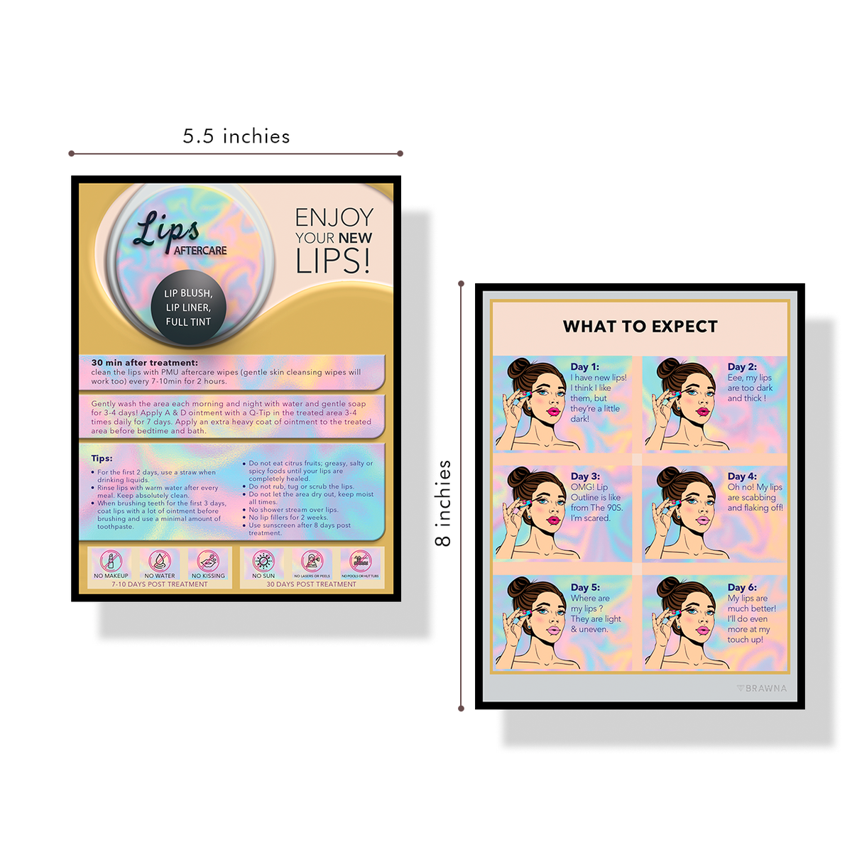 BRAWNA 50 Pack Lip Blush Aftercare Cards - Size 5.5x4.5 in