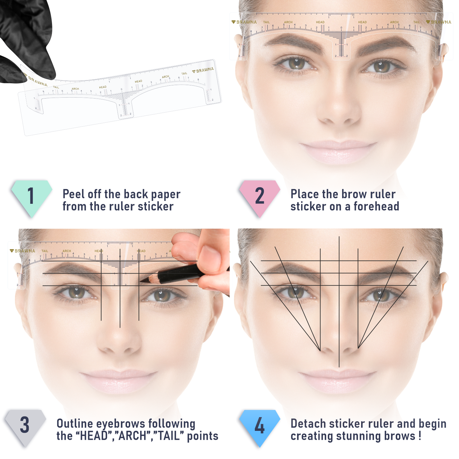 Perfect Brow Ruler Eyebrow Ruler Stencil - 120 Pcs Clear Adhesive Eyebrow Shaping – Brawna ...