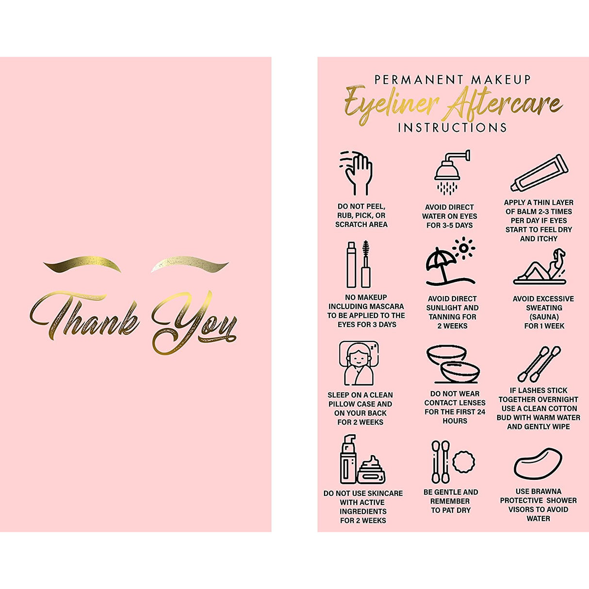 PMU Eyeliner Aftercare Thank You Cards - Pink - 50 or 100 packs