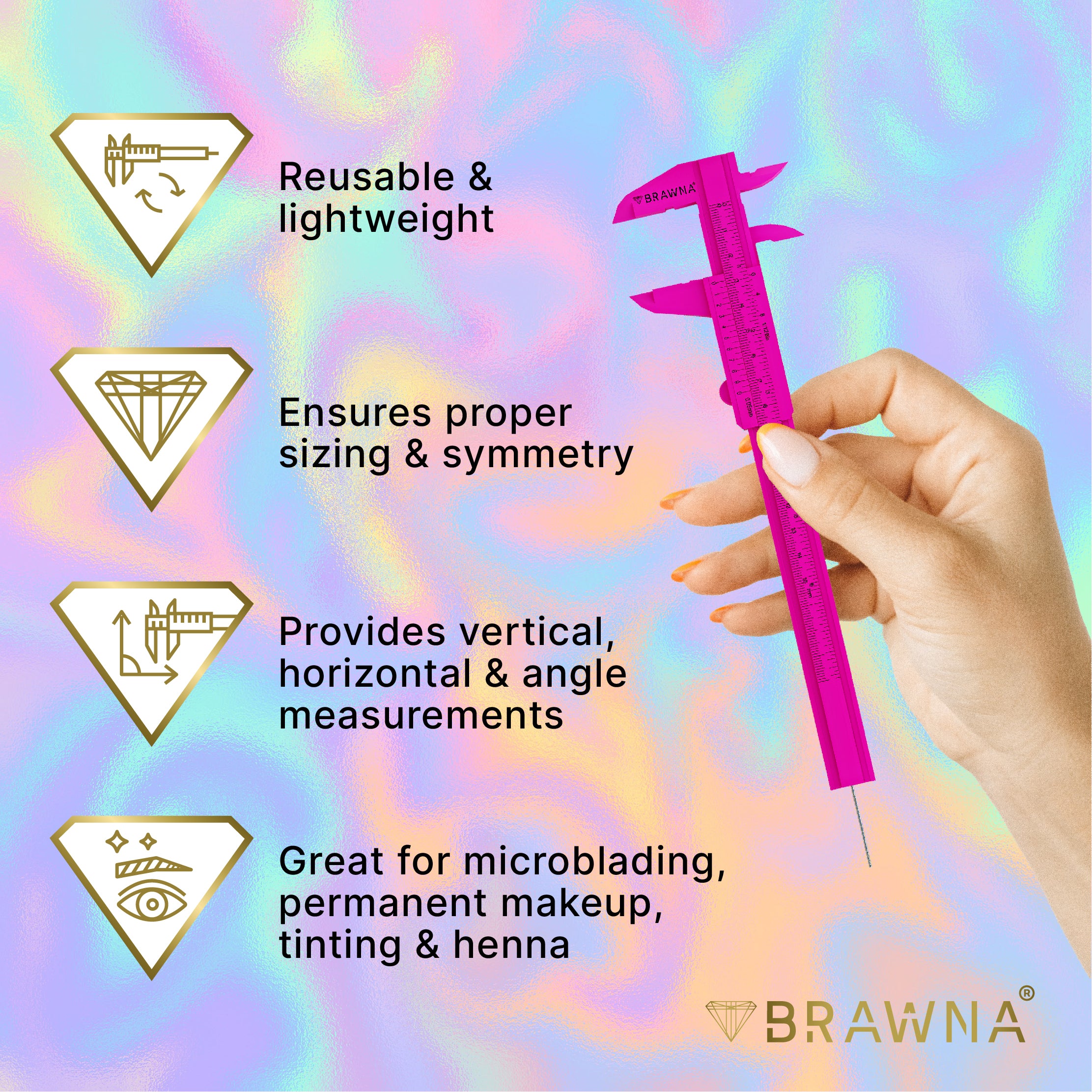 Brow Pro Measuring Caliper with Eyebrow Ruler Sticker Pink BrawnaBeauty ...